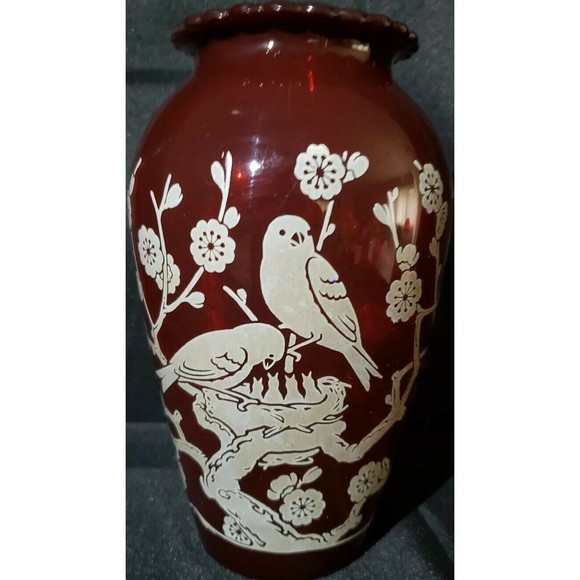 Vintage Art Deco Anchor Hocking Ruby Red Glass Vase Birds and Blossoms 1940s - Picture 1 of 11